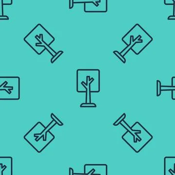Black line Tree icon isolated seamless pattern on green background. Forest sy 스톡 일러스트
