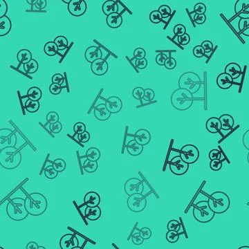 Black line Tree icon isolated seamless pattern on green background. Forest .. Illustrazione stock