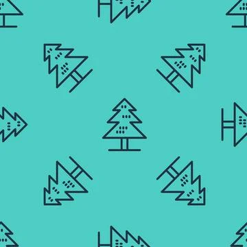 Black line Tree icon isolated seamless pattern on green background. Forest .. 스톡 일러스트