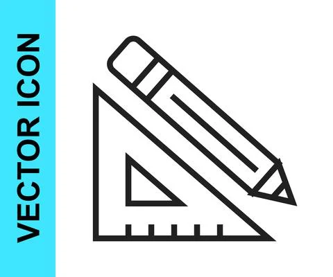 Black line Triangular ruler and pencil icon isolated on white background Illustrazione stock