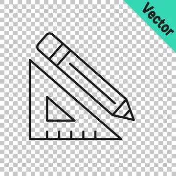 Black line Triangular ruler and pencil icon isolated on transparent background Stock Illustration