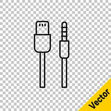 Black line USB cable cord icon isolated on transparent background. Connectors Stock Illustration