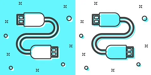 Black line USB cable cord icon isolated on green and white background. Connec Stock Illustration