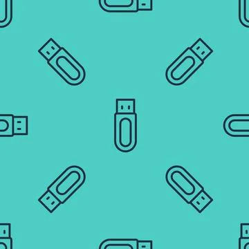 Black line USB flash drive icon isolated seamless pattern on green background Stock Illustration