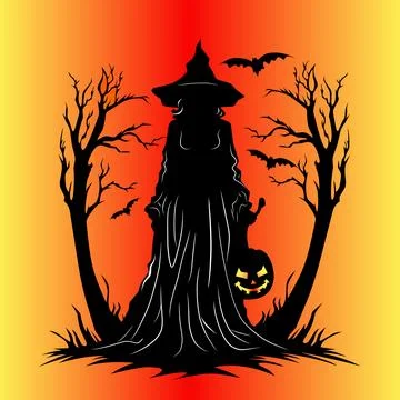 Black line vector of a witch with a Halloween theme pumpkin fruit Stock Illustration