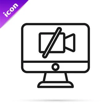 Black line Video camera Off on computer icon isolated on white background. No 스톡 일러스트
