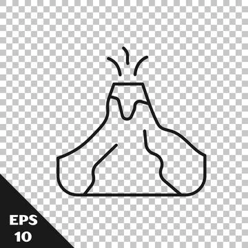 Black line Volcano eruption with lava icon isolated on transparent background Illustrazione stock