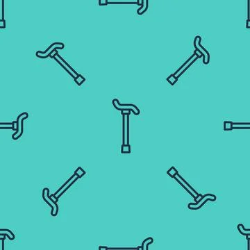 Black line Walking stick cane icon isolated seamless pattern on green background Illustration