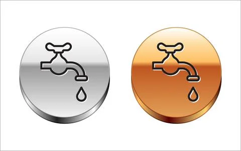 Black line Water tap with a falling water drop icon isolated on white background Illustration