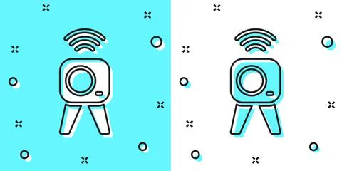 Black line Web camera icon isolated on green and white background. Chat camera Illustrazione stock