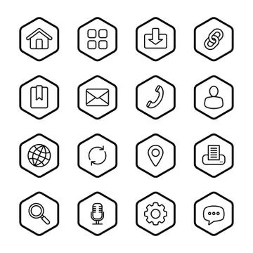 Black line web icon set with hexagon frame Stock Illustration