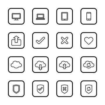 Black line web icon set with rounded rectangle frame Stock Illustration