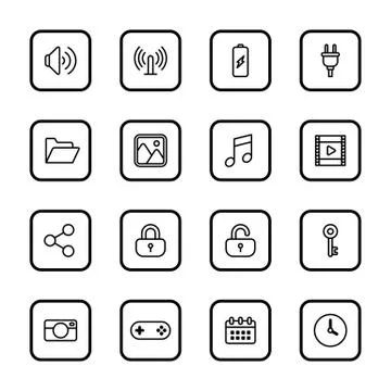 Black line web icon set with rounded rectangle frame Stock Illustration