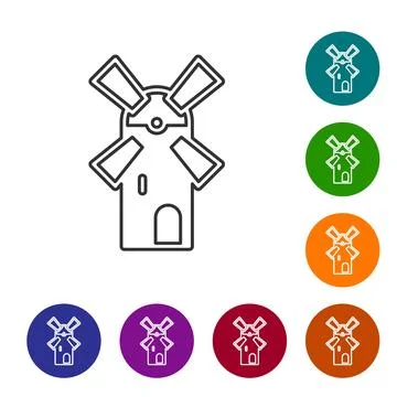 Black line Windmill icon isolated on white background. Set icons in color circle Stock Illustration
