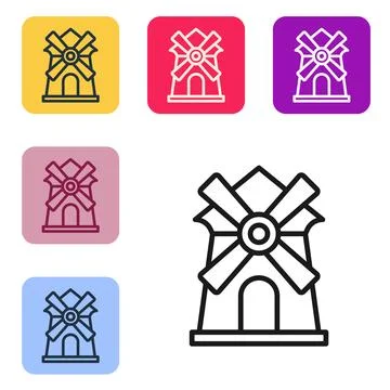 Black line Windmill icon isolated on white background. Set icons in color squ Stock Illustration