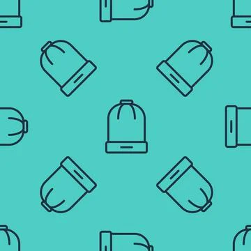 Black line Winter hat icon isolated seamless pattern on green background. Vector Stock Illustration