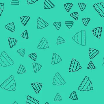 Black line Winter hat icon isolated seamless pattern on green background.  Ve Stock Illustration