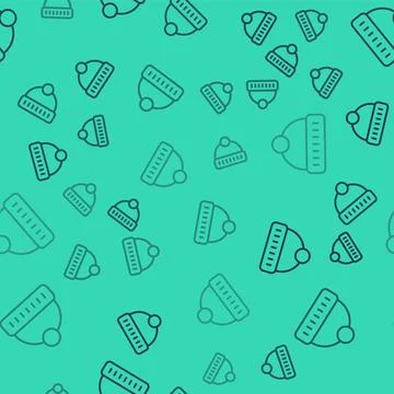 Black line Winter hat icon isolated seamless pattern on green background.  .. Stock Illustration