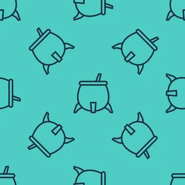 Black line Witch cauldron icon isolated seamless pattern on green background 스톡 일러스트
