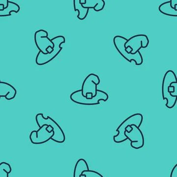 Black line Witch hat icon isolated seamless pattern on green background. Happy Illustrazione stock