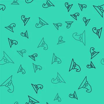 Black line Witch hat icon isolated seamless pattern on green background. Happy Stock Illustration