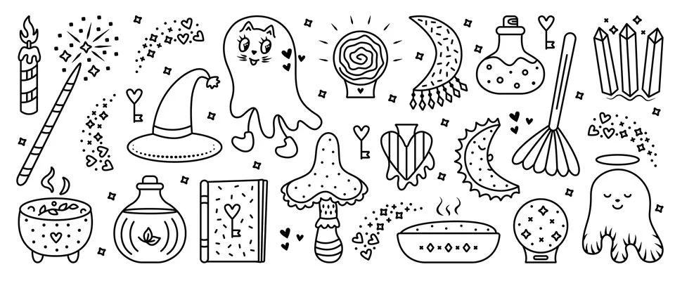 Black line witchy vector set Stock Illustration