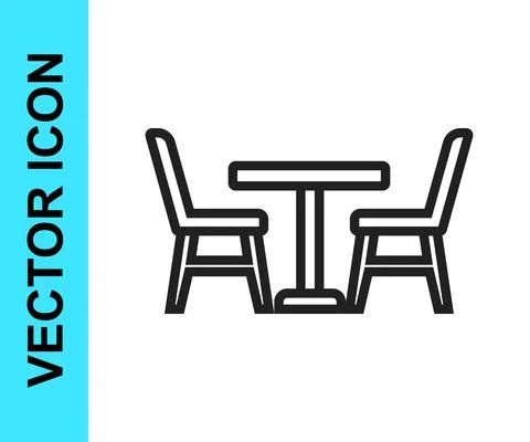 Black line Wooden table with chair icon isolated on white background. Vector Stock Illustration