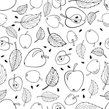 Black linear apple seamless pattern isolated on white background. Hand drawn Stock Illustration