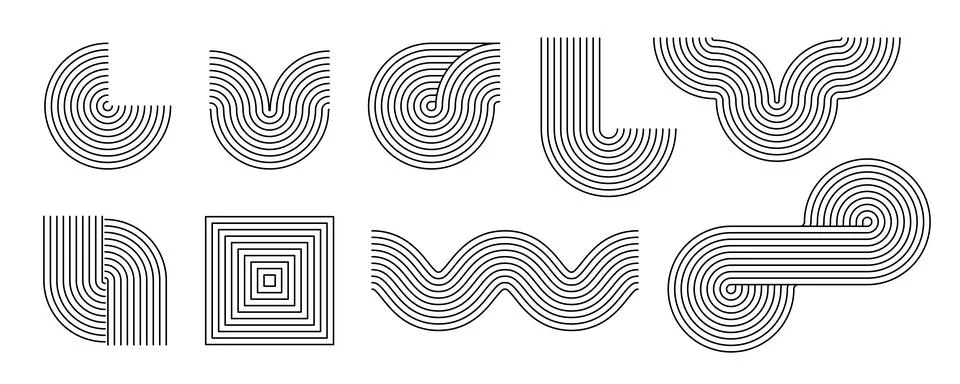 Black linear boho style arch and wave set. Mid century curve shapes collection Stock Illustration