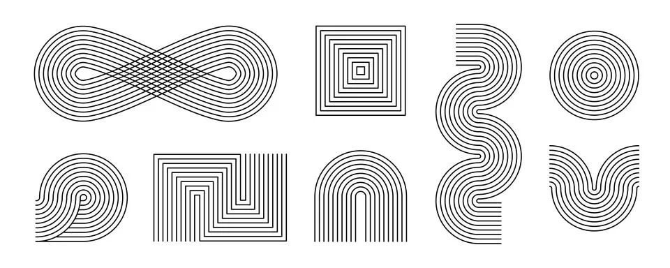 Black linear boho style arch and wave set. Mid century curve shapes collection Stock Illustration