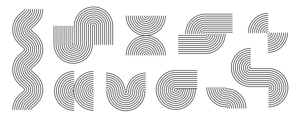 Black linear boho style arch and wave set. Mid century line curve shapes Stock Illustration