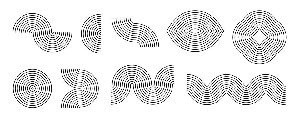Black linear boho style arch and wave set. Mid century line curve shapes Stock Illustration