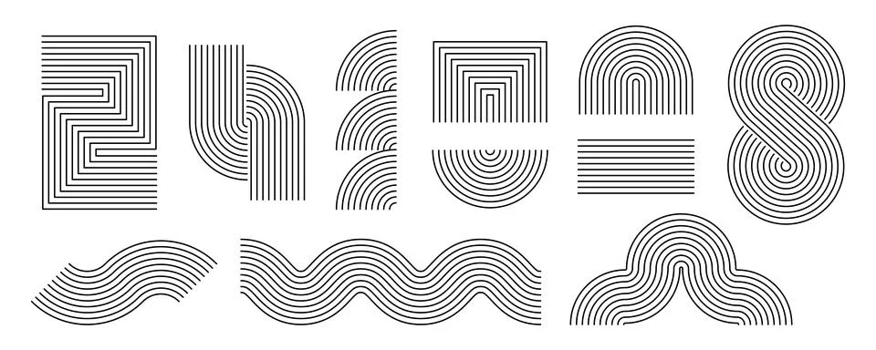 Black linear boho style geometric shape set. Mid century curves, waves and Stock Illustration