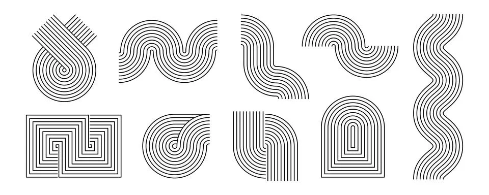 Black linear boho style waves and shapes set. Mid century curves and arches Stock Illustration