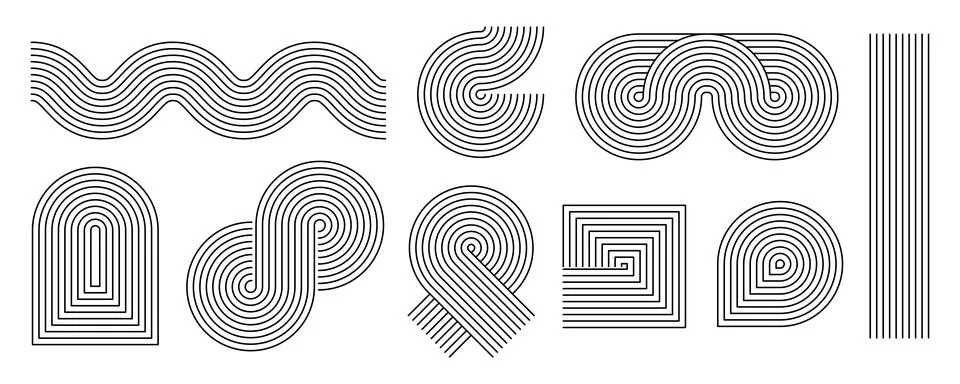 Black linear boho style waves and shapes set. Mid century curves and arch 库存插图