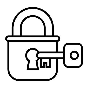 Black linear icon of a door padlock with a key. Stock Illustration
