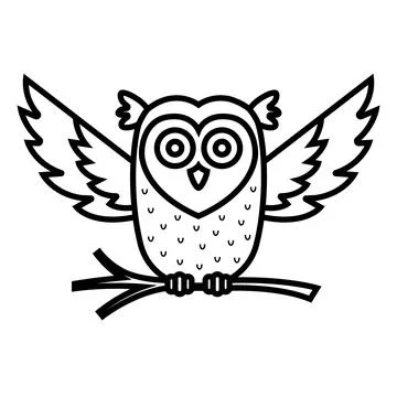 Black linear icon owl flies and holds a branch in its paws. Stock Illustration