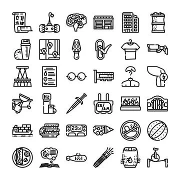 Black linear icons representing various abstract concepts set Illustrazione stock