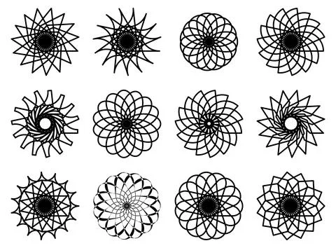 Black linear patterns, geometric wireframe mandalas, radial line art elements イラスト素材