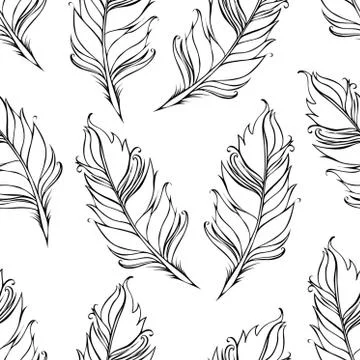 Black lined feather isolated on White background. Seamless pattern. Vector イラスト素材