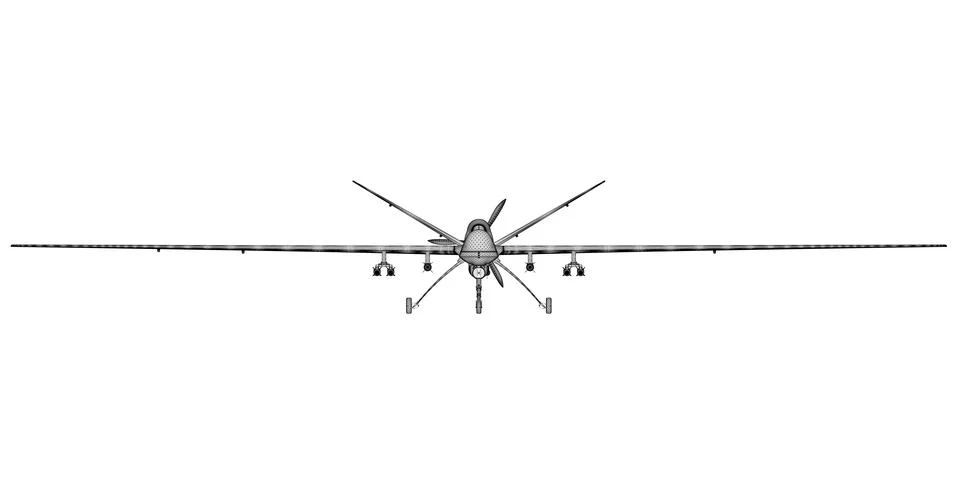 Black lines combat drone wireframe isolated on white background. Front view.. Stock Illustration
