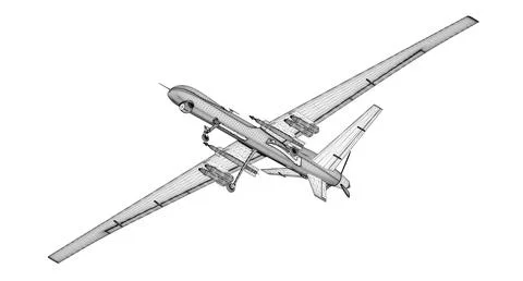 Black lines combat drone wireframe isolated on white background. Bottom vie.. Stock Illustration