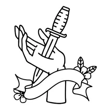 Black linework tattoo with banner of a dagger in the hand Stock Illustration