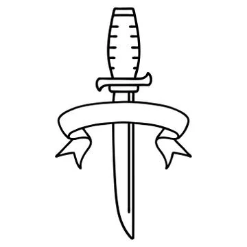 Black linework tattoo with banner of a dagger Stock Illustration
