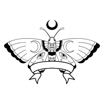 Black linework tattoo with banner of a moth Stock Illustration