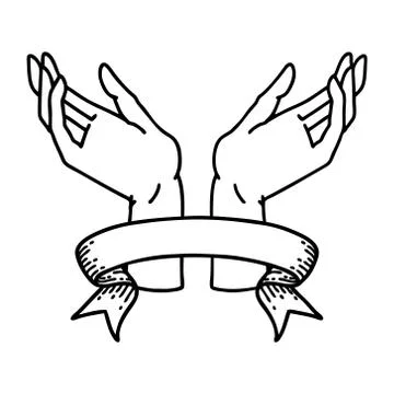 Black linework tattoo with banner of open hands Stock Illustration
