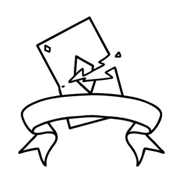 Black linework tattoo with banner of a torn card Stock Illustration