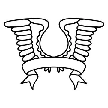 Black linework tattoo with banner of a wing Stock Illustration