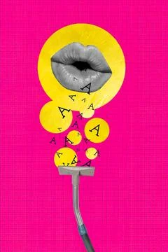 Black lips with yellow bubbles and letter a on pink background Stock Photos