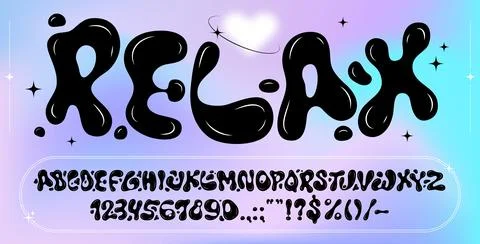 Black liquid ink bubble font, y2k funky 3d type Illustrazione stock